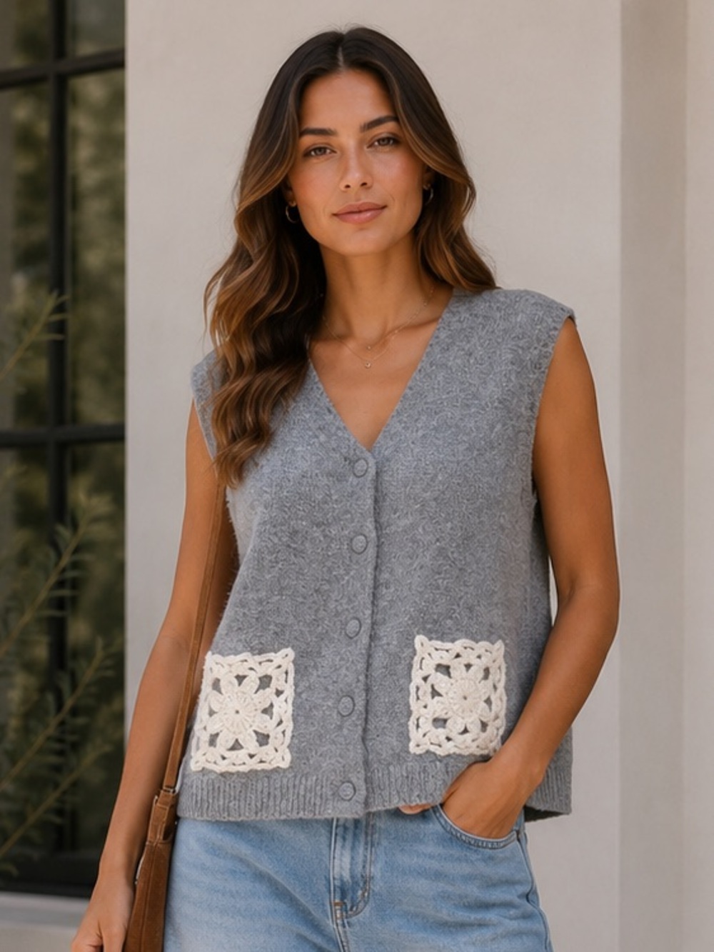 Paris France Knit Vest Crochet Pockets Boho Chic